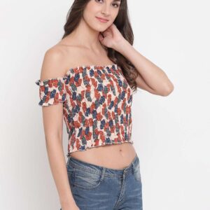 Women's Rayon Printed Off-Shoulder Smocked Crop Top Short Sleeve Casual Styles Tank Top (FREE SIZE) Multi45