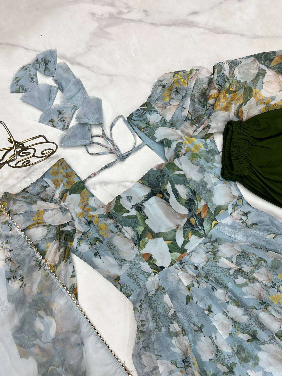 Womens Pure Romansilk Chanderi Floral Printed Anarkali Kurti With Dupatta & Pant Set - Image 5