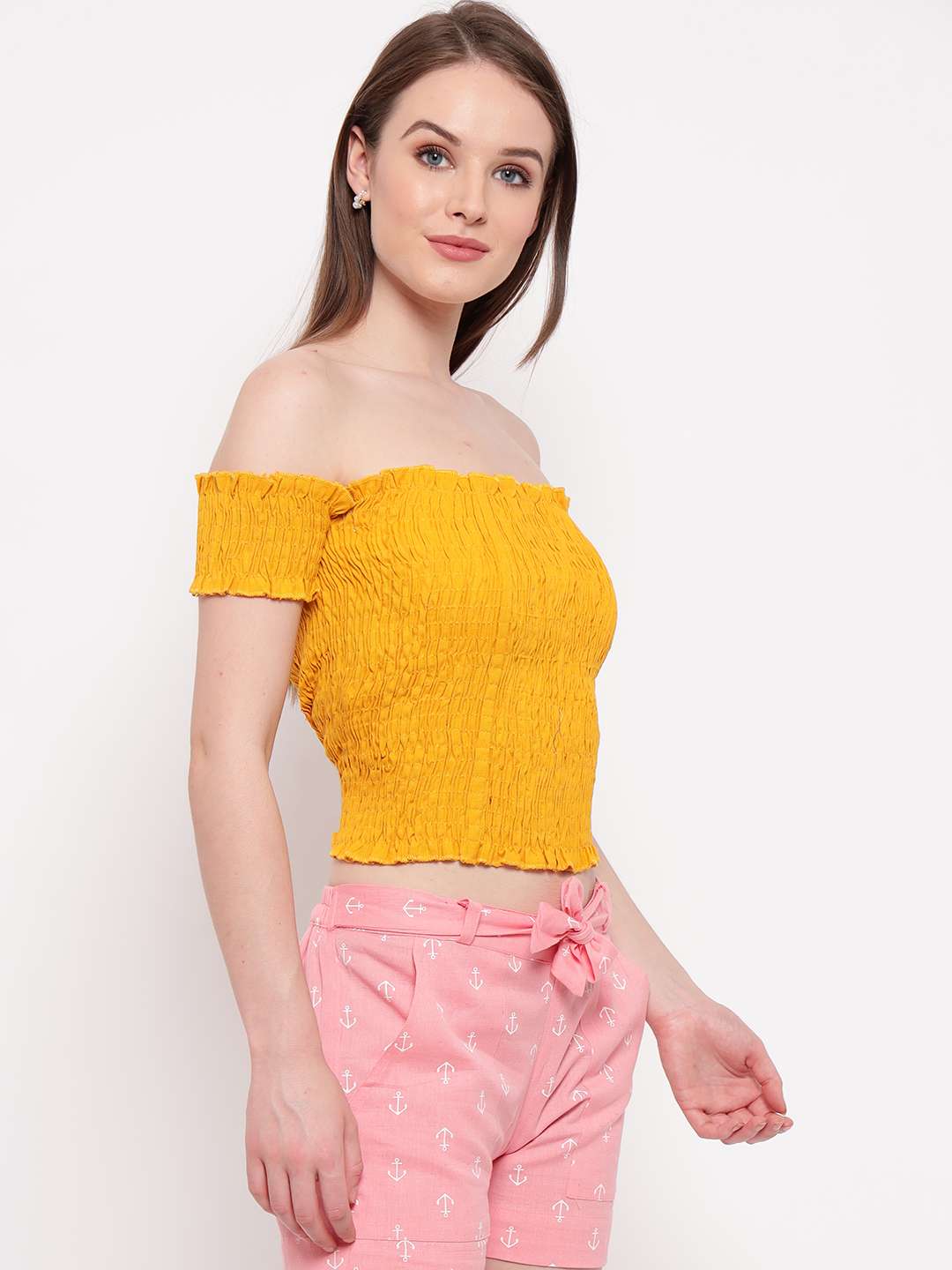 Women's Rayon Solid Off-Shoulder Smocked Crop Top Short Sleeve Casual Styles Tank Top (FREE SIZE) Multi24 - Image 3