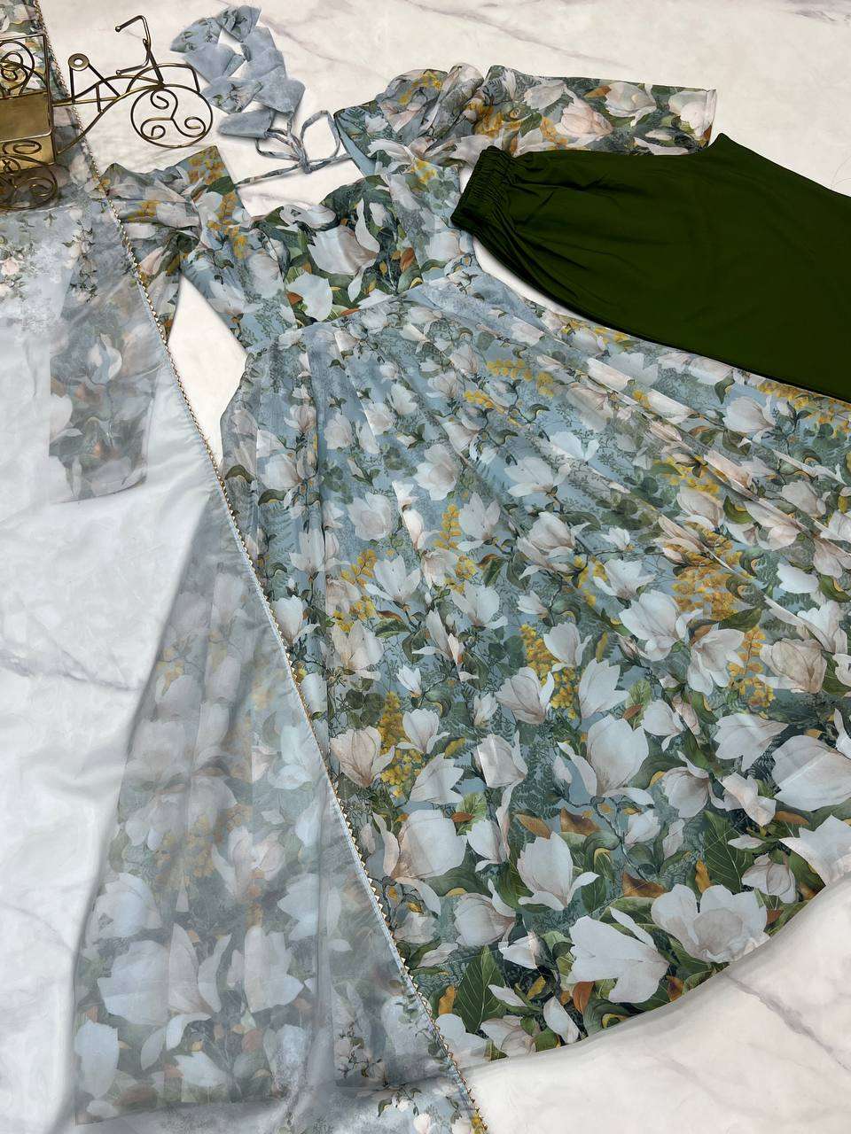 Womens Pure Romansilk Chanderi Floral Printed Anarkali Kurti With Dupatta & Pant Set - Image 4