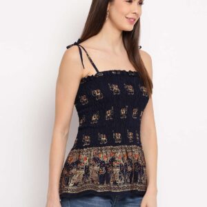Women's Rayon Elephant Print Casual Summer Style Tie Shoulder Straps Free Size Tank Top ( Navy Blue1 Gold Pattern)