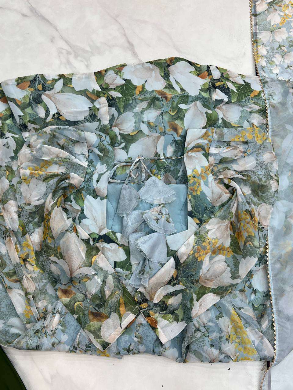 Womens Pure Romansilk Chanderi Floral Printed Anarkali Kurti With Dupatta & Pant Set - Image 6