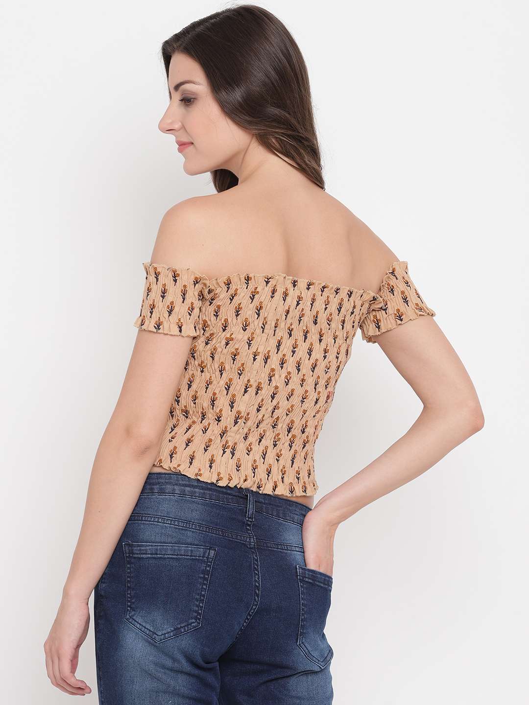 Women's Rayon Printed Off-Shoulder Smocked Crop Top Short Sleeve Casual Styles Tank Top (FREE SIZE) Multi41 - Image 4