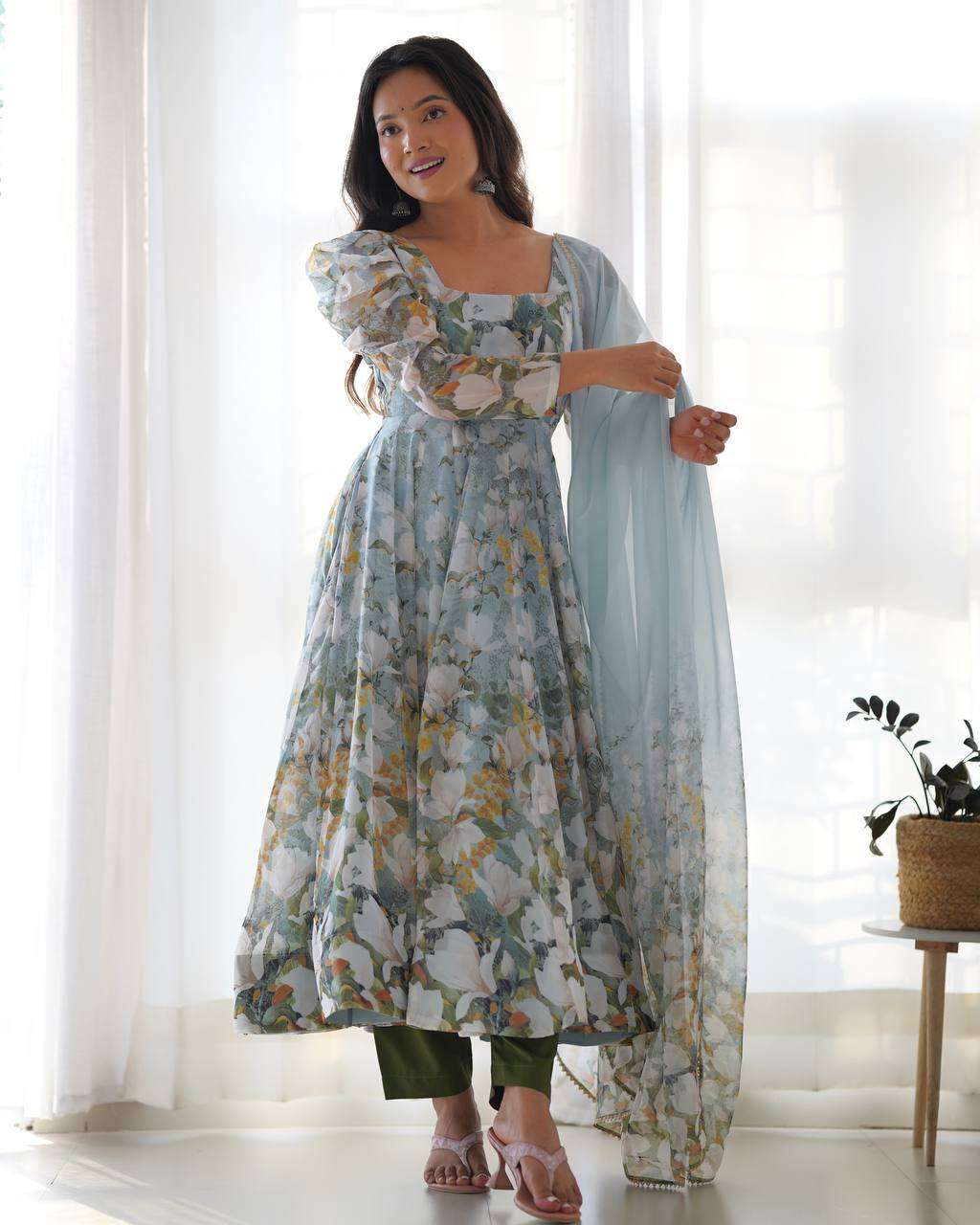 Womens Pure Romansilk Chanderi Floral Printed Anarkali Kurti With Dupatta & Pant Set - Image 8