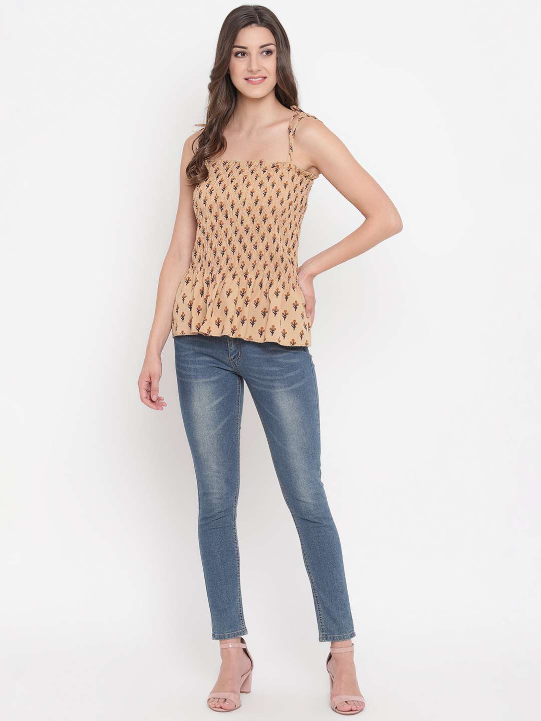 Women's Rayon Elephant Print Casual Summer Style Tie Shoulder Straps Free Size Tank Top ( Brown Beige) - Image 3