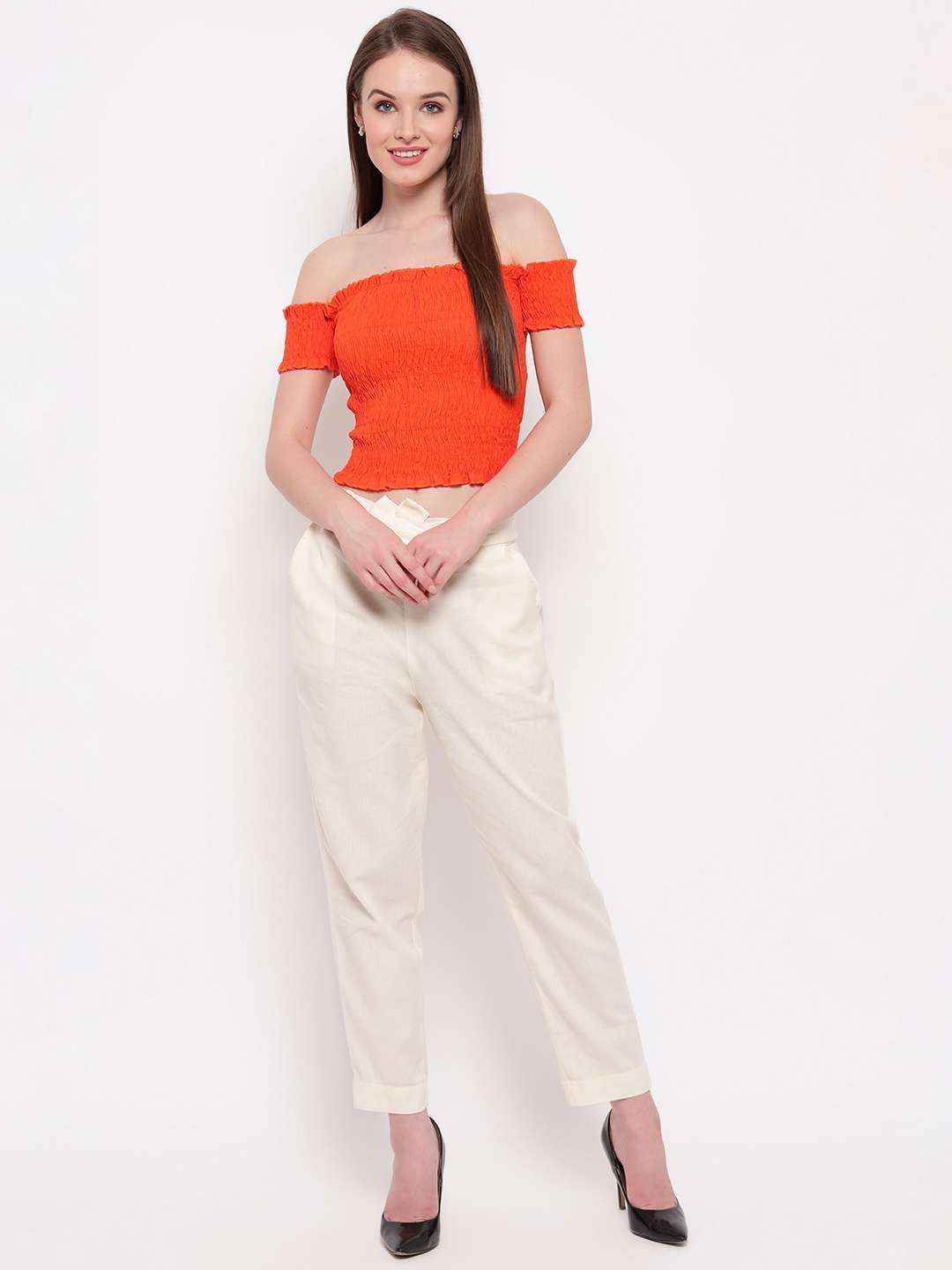 Women's Rayon Solid Off-Shoulder Smocked Crop Top Short Sleeve Casual Styles Tank Top (FREE SIZE) Multi25 - Image 4