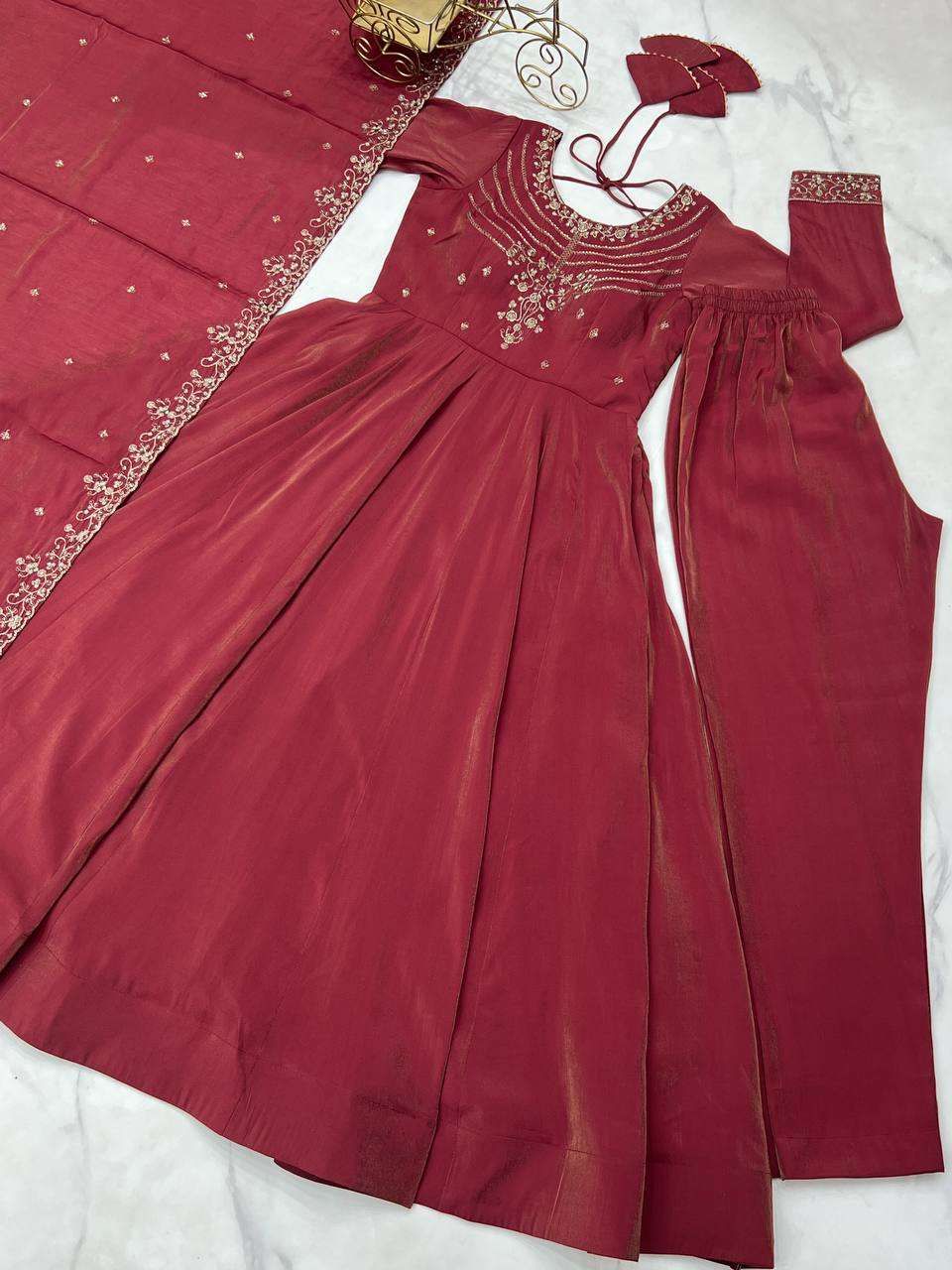 Womens Pure Romansilk Chanderi Embroidered Anarkali Kurti With Dupatta & Pant Set - Image 8