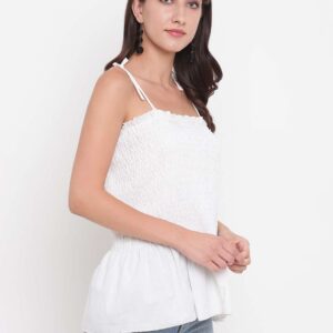 Women's Rayon Solid Casual Summer Style Tie Shoulder Straps Free Size Tank Top (White)