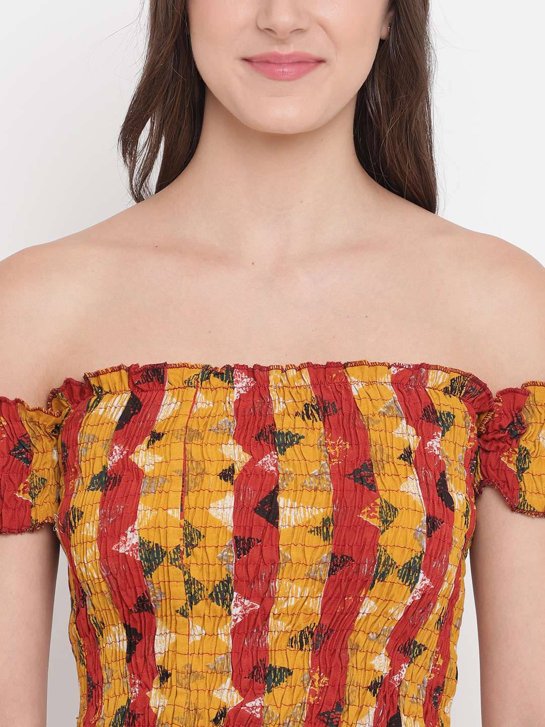 Women's Rayon Printed Off-Shoulder Smocked Crop Top Short Sleeve Casual Styles Tank Top (FREE SIZE) Multi39 - Image 4