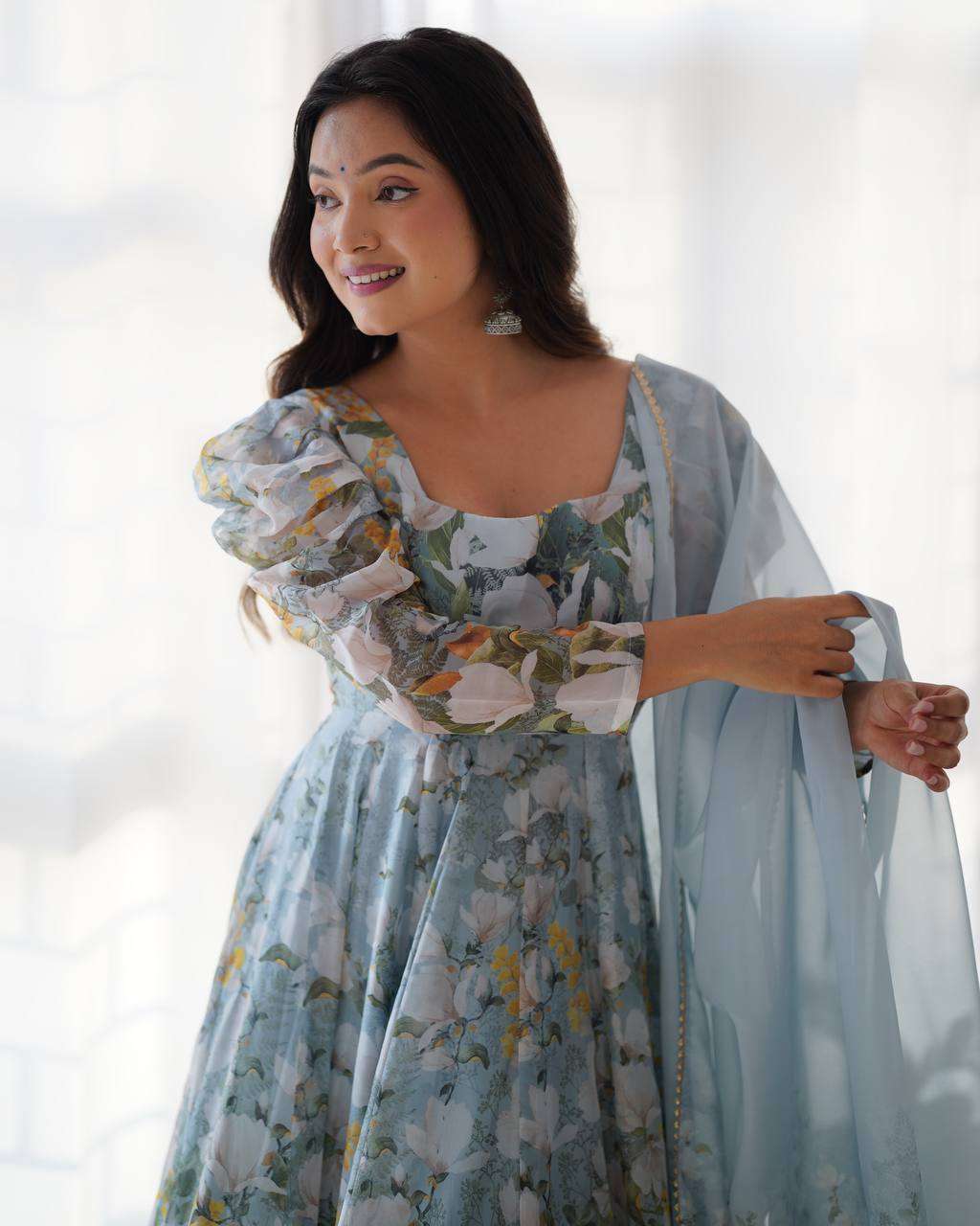 Womens Pure Romansilk Chanderi Floral Printed Anarkali Kurti With Dupatta & Pant Set - Image 3