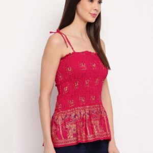 Women's Rayon Elephant Print Casual Summer Style Tie Shoulder Straps Free Size Tank Top ( Maroon Gold Pattern)